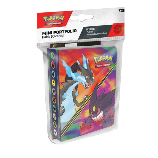 Pokémon trading card game mini portfolio packaging with Charizard design on a white background