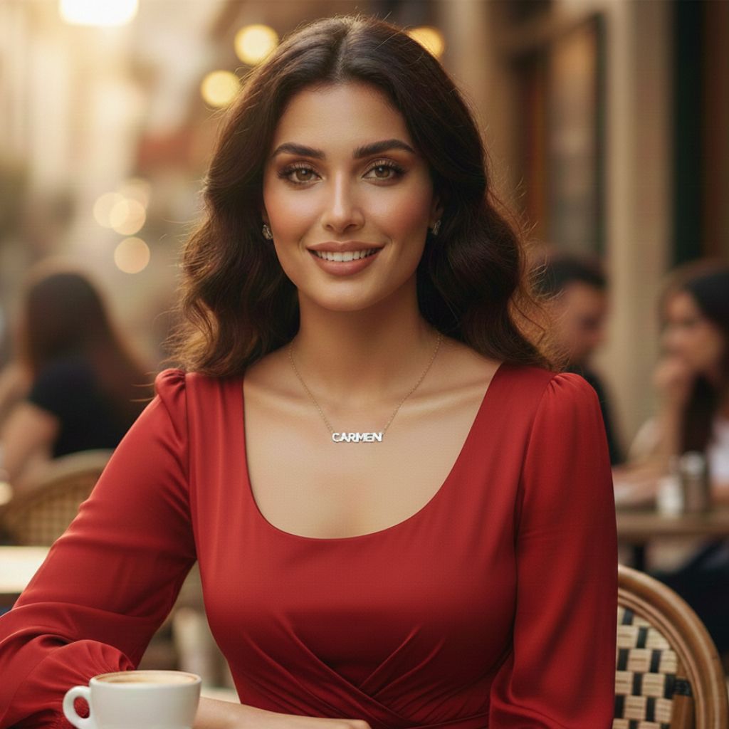 Woman in a red dress with 'CARMEN' necklace sitting at a café.
