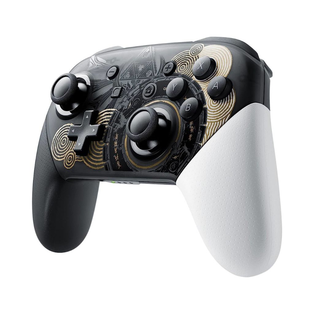 Gaming controller with black and white design on a white background