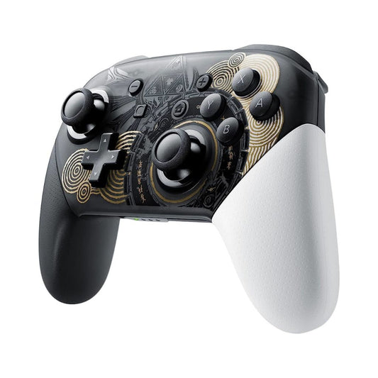 Gaming controller with black and white design on a white background