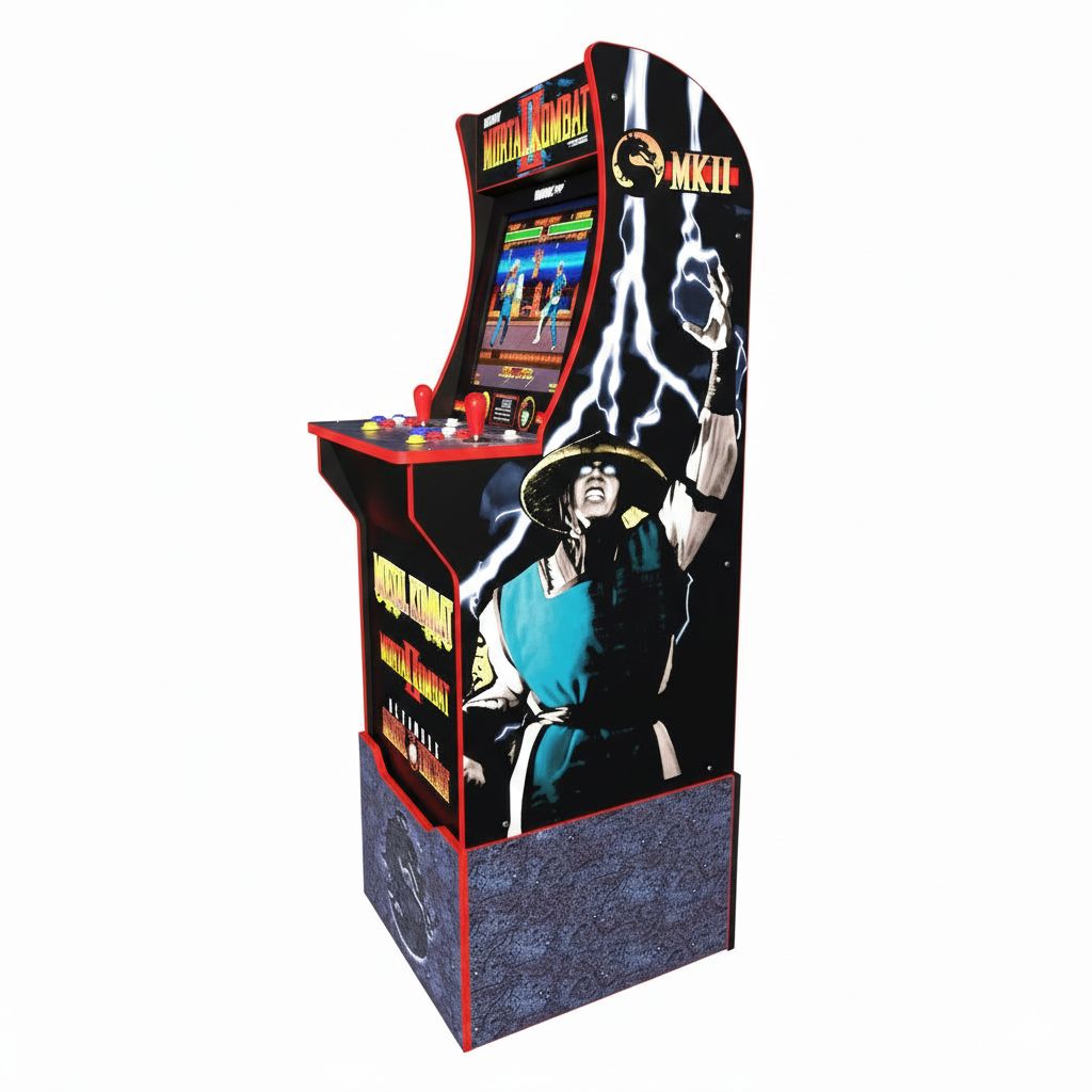Arcade game machine with a character design on the screen and graphics.