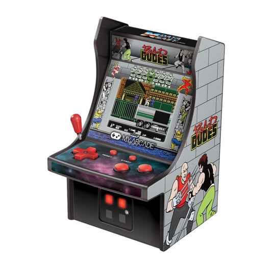 Miniature arcade machine with colorful graphics and joystick on a white background