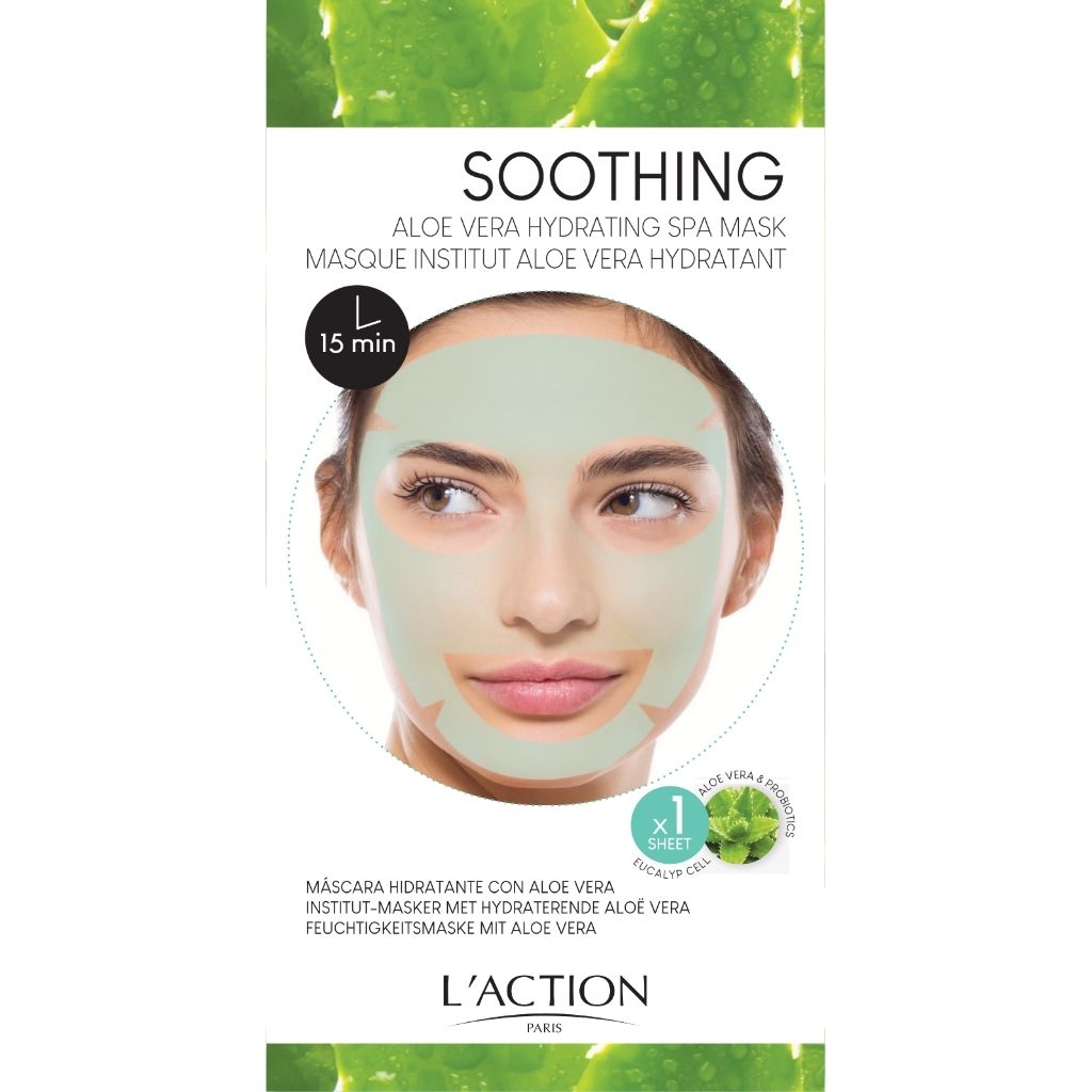 L'Action Paris aloe vera hydrating spa mask packaging with a woman wearing the mask.