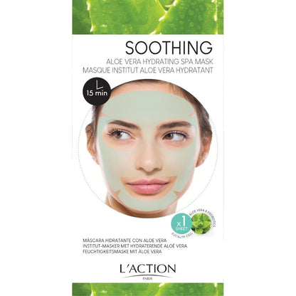 L'Action Paris aloe vera hydrating spa mask packaging with a woman wearing the mask.