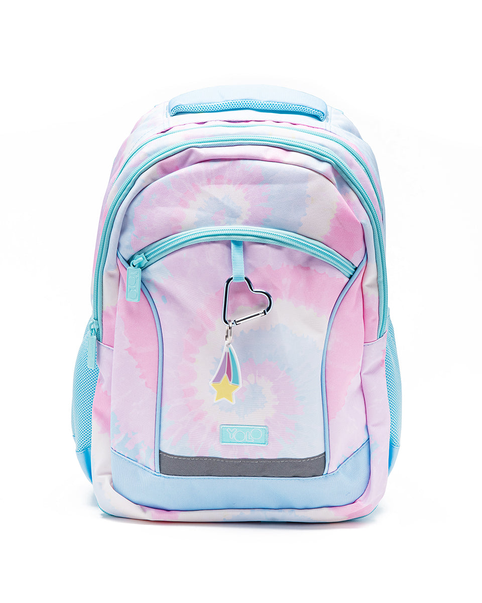 A tie-dye patterned 2-in-1 school bag with blue trim and a front pocket, designed for versatility and style.