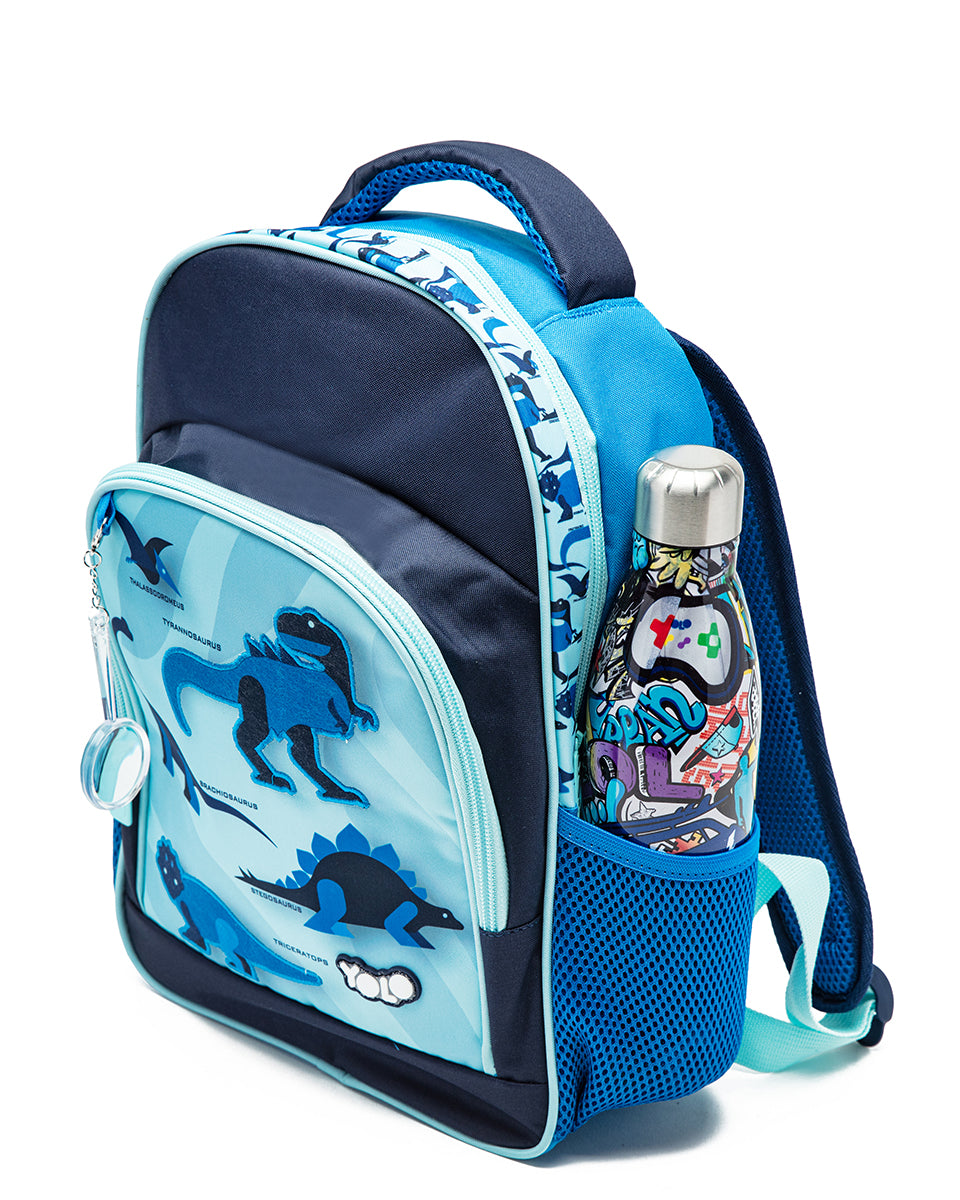 Blue backpack with dinosaur design on a white background