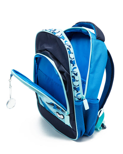 Blue and black backpack with a pattern on a white background