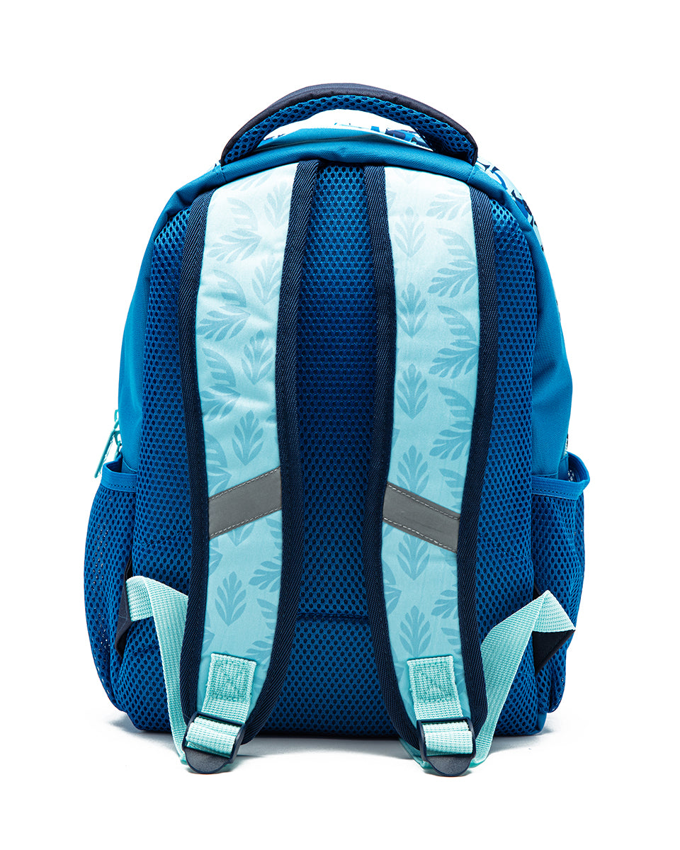 Blue backpack with patterned straps on a white background