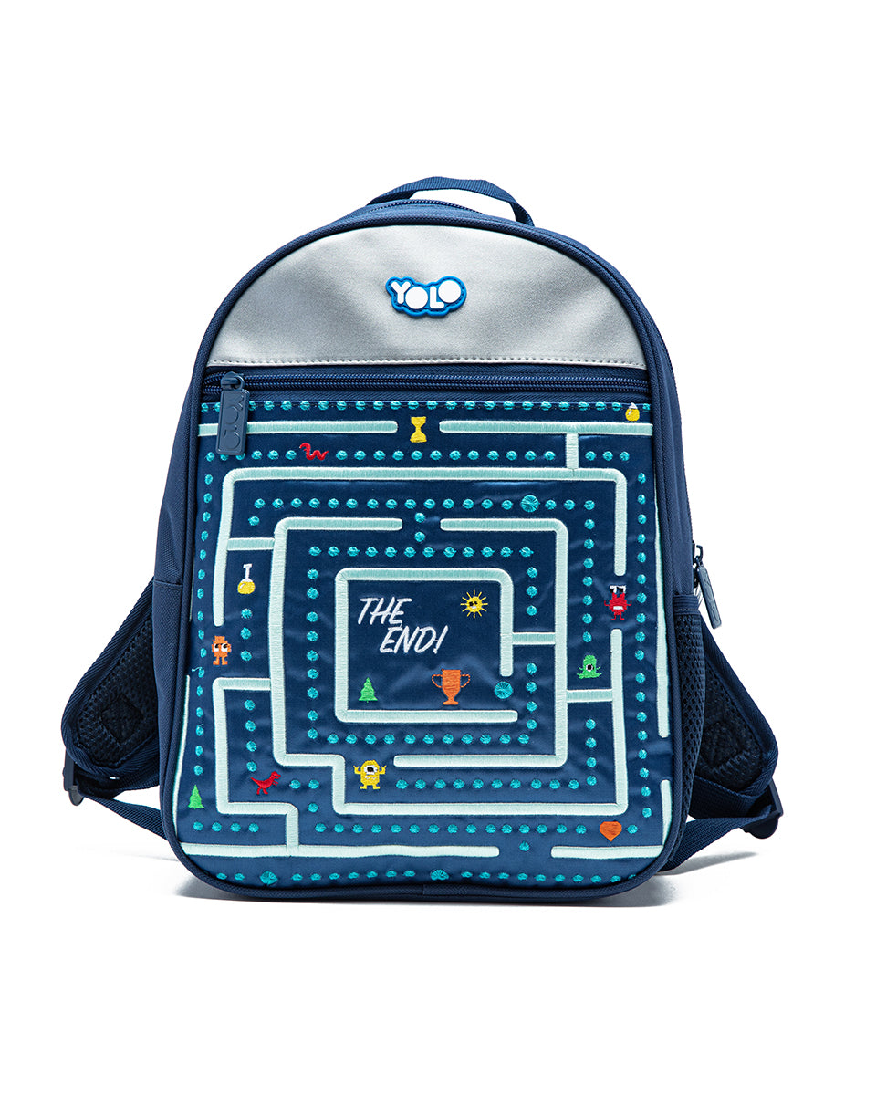Backpack with Pac-Man design and Yolo logo on a white background
