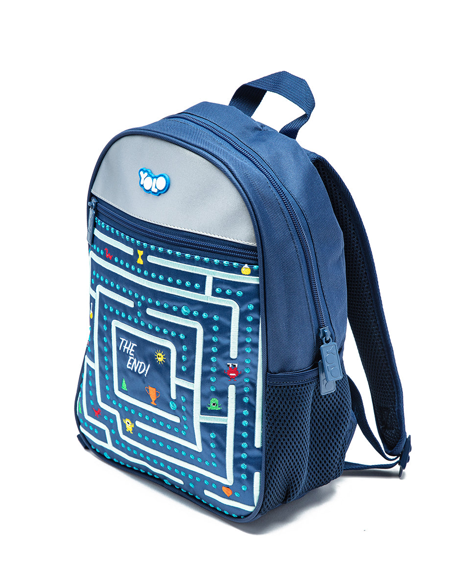 Blue backpack with Pac-Man design on a white background
