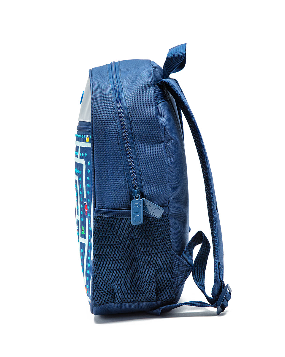 Blue backpack with colorful patterns on a white background