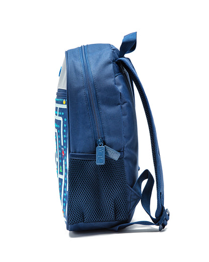 Blue backpack with colorful patterns on a white background