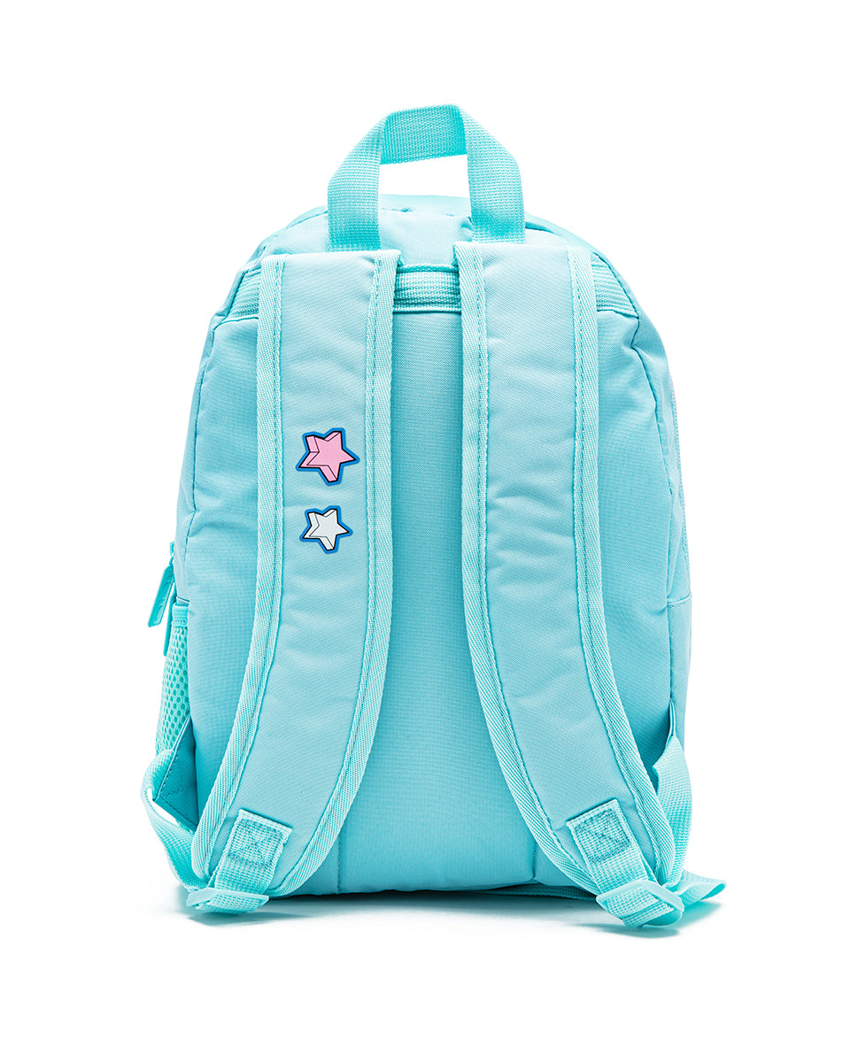 Light blue backpack with star-shaped decorations on a white background