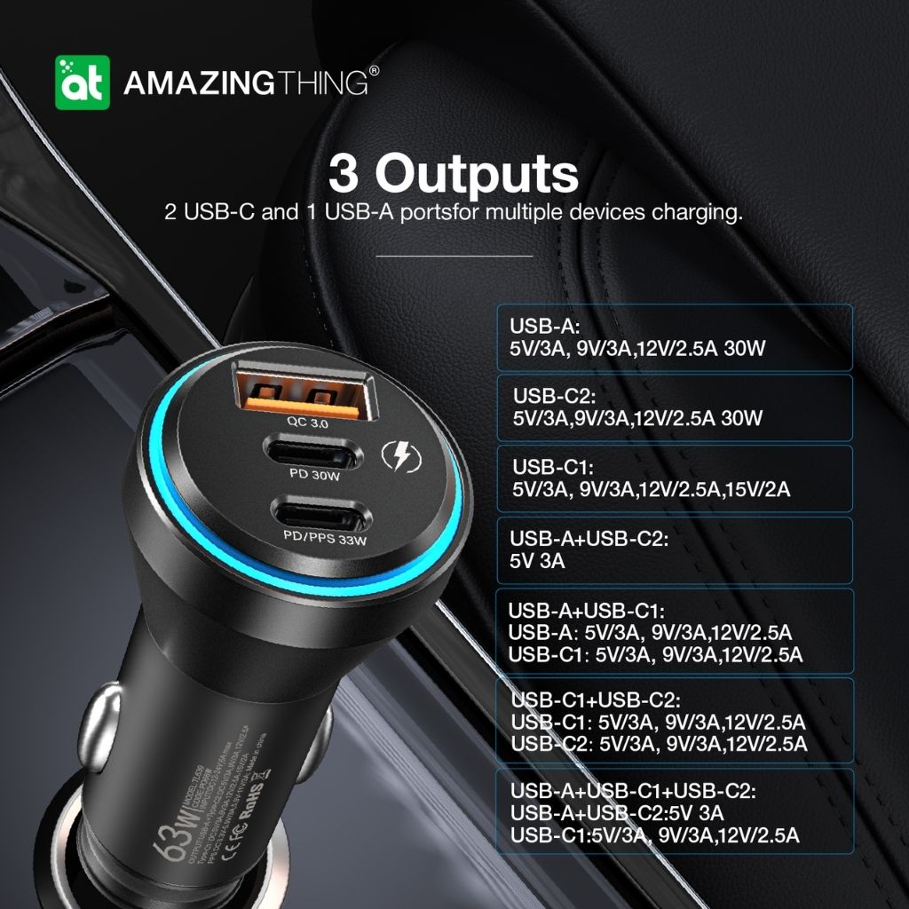 At Flexi Power Max Pd 63W 3 Port Car Charger