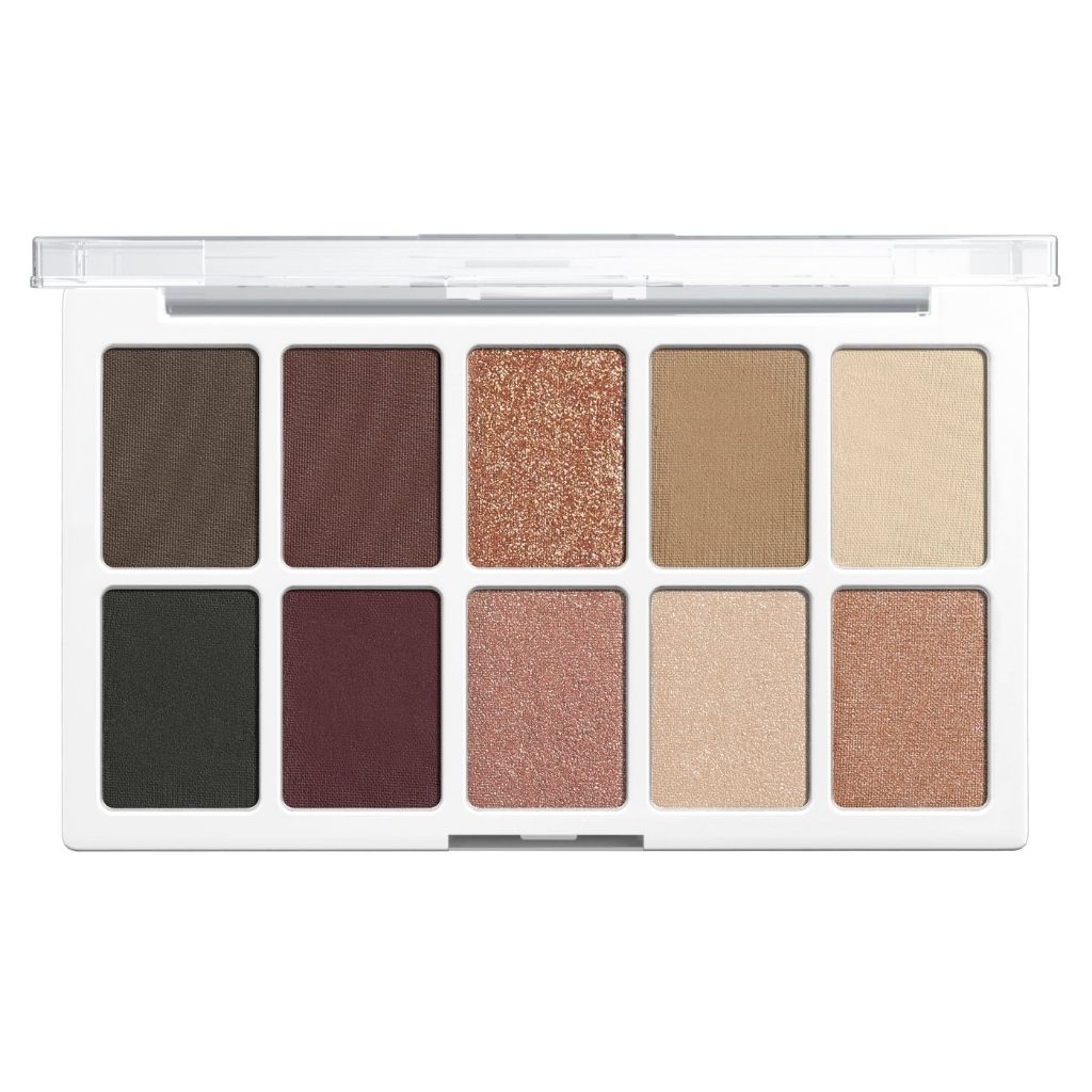 Makeup eyeshadow palette with various shades on a white background