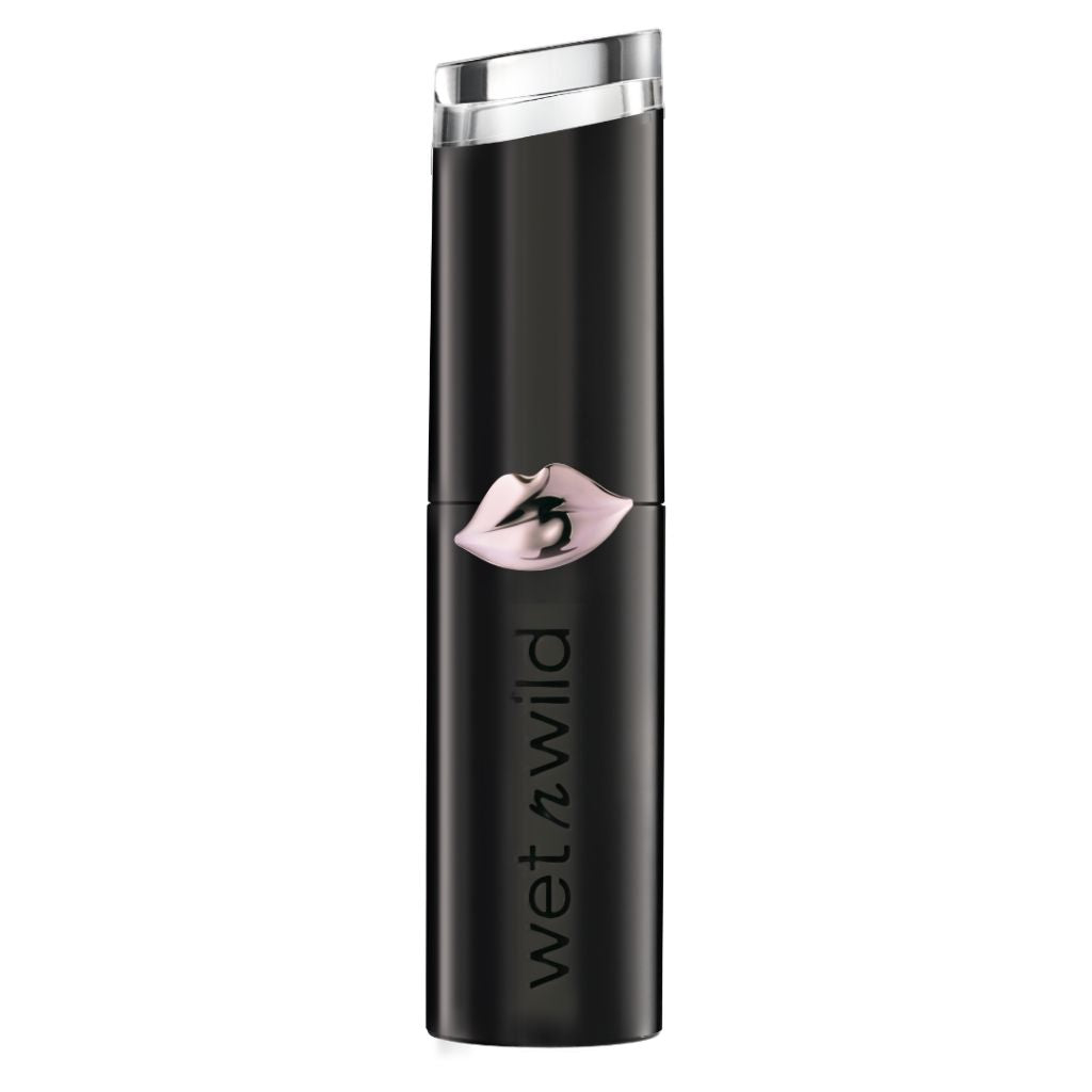 Black lipstick with silver cap and 'wet n wild' branding on a white background