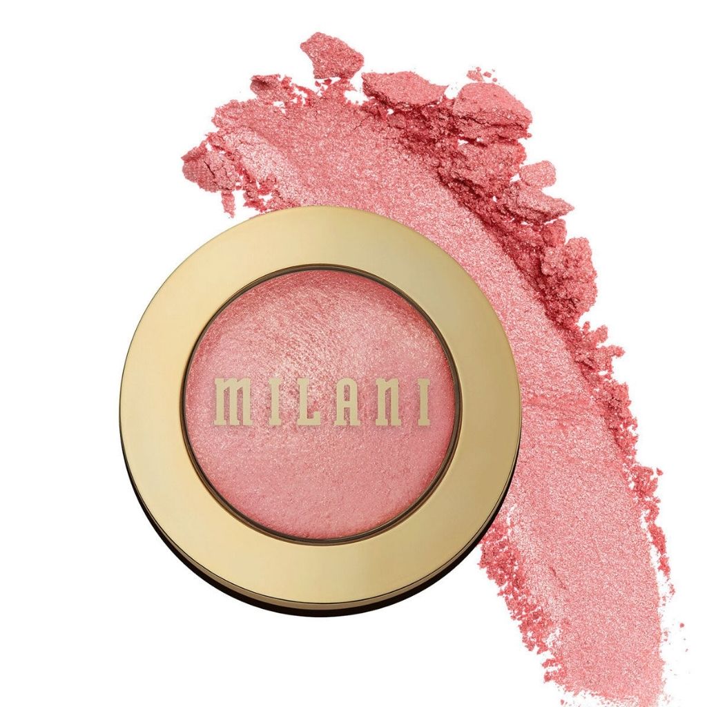 MILANI blush compact with pink blush and smudge on white background