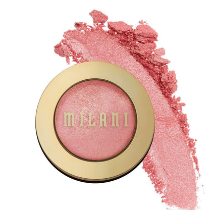 MILANI blush compact with pink blush and smudge on white background
