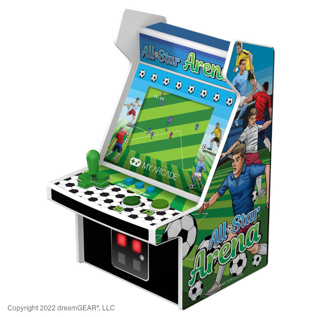 Miniature arcade machine with soccer game design on a white background
