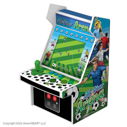 Miniature arcade machine with soccer game design on a white background