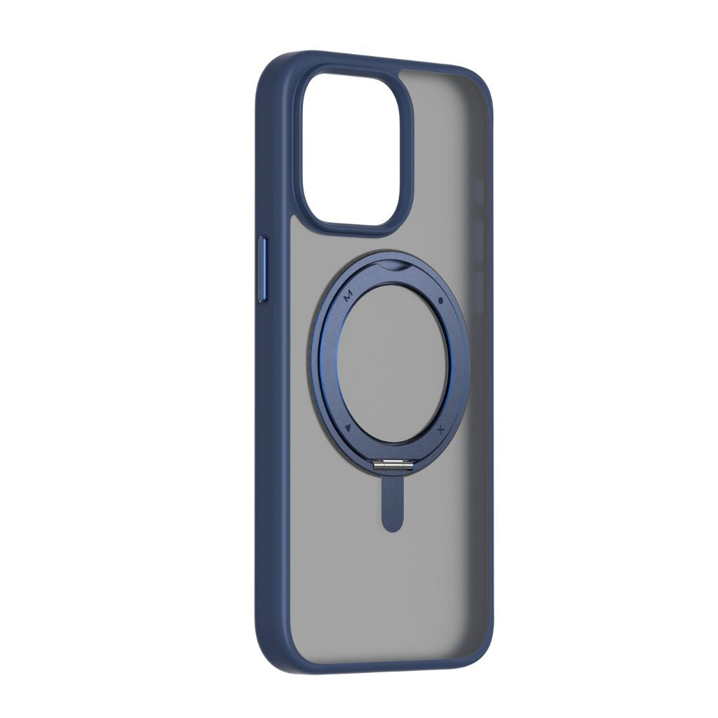 Phone case with a blue accent and magnetic ring on a white background