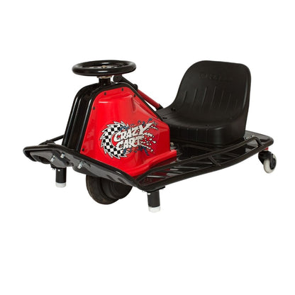 Red and black pedal car with 'Crazy Cart' logo on a white background