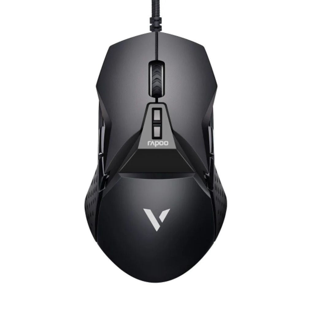 Black gaming mouse with visible brand logo on a white background