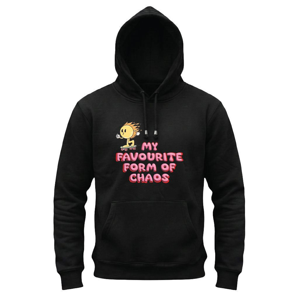 Black hoodie with cartoon character and text on a white background