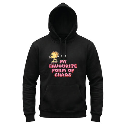 Black hoodie with cartoon character and text on a white background