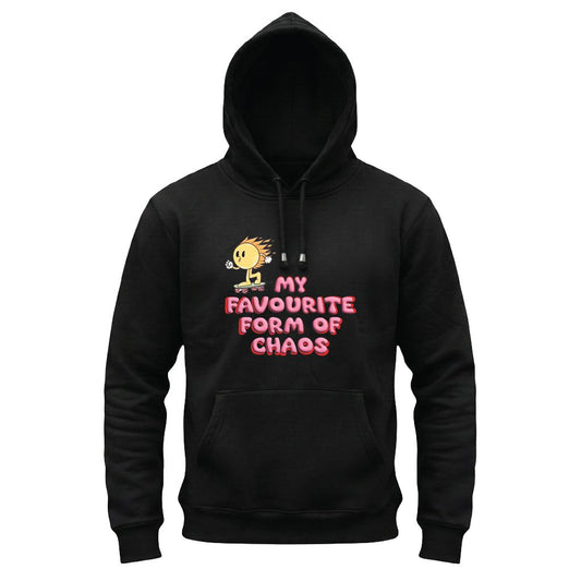 Black hoodie with cartoon character and text on a white background
