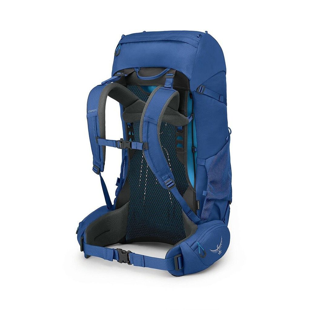 Blue backpack with visible Osprey logo on a white background