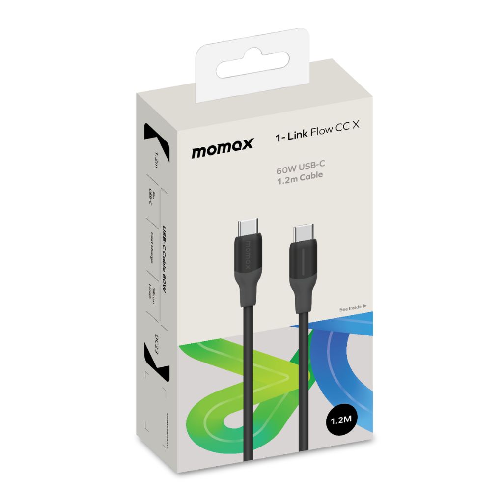 Momax 1-Link Flow CC X USB-C cable packaging on a white background