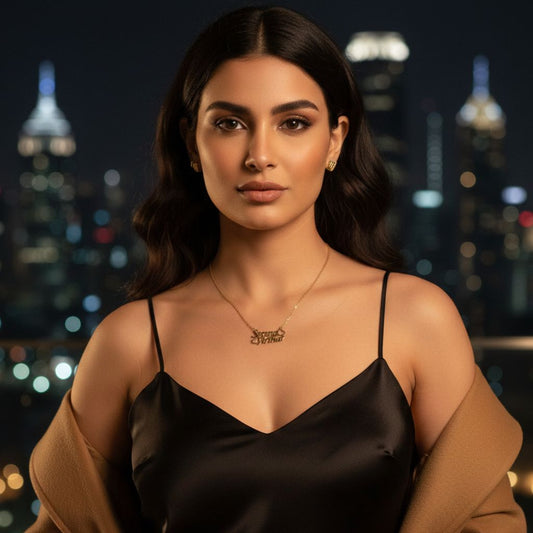 Woman wearing a black dress with a cityscape in the background