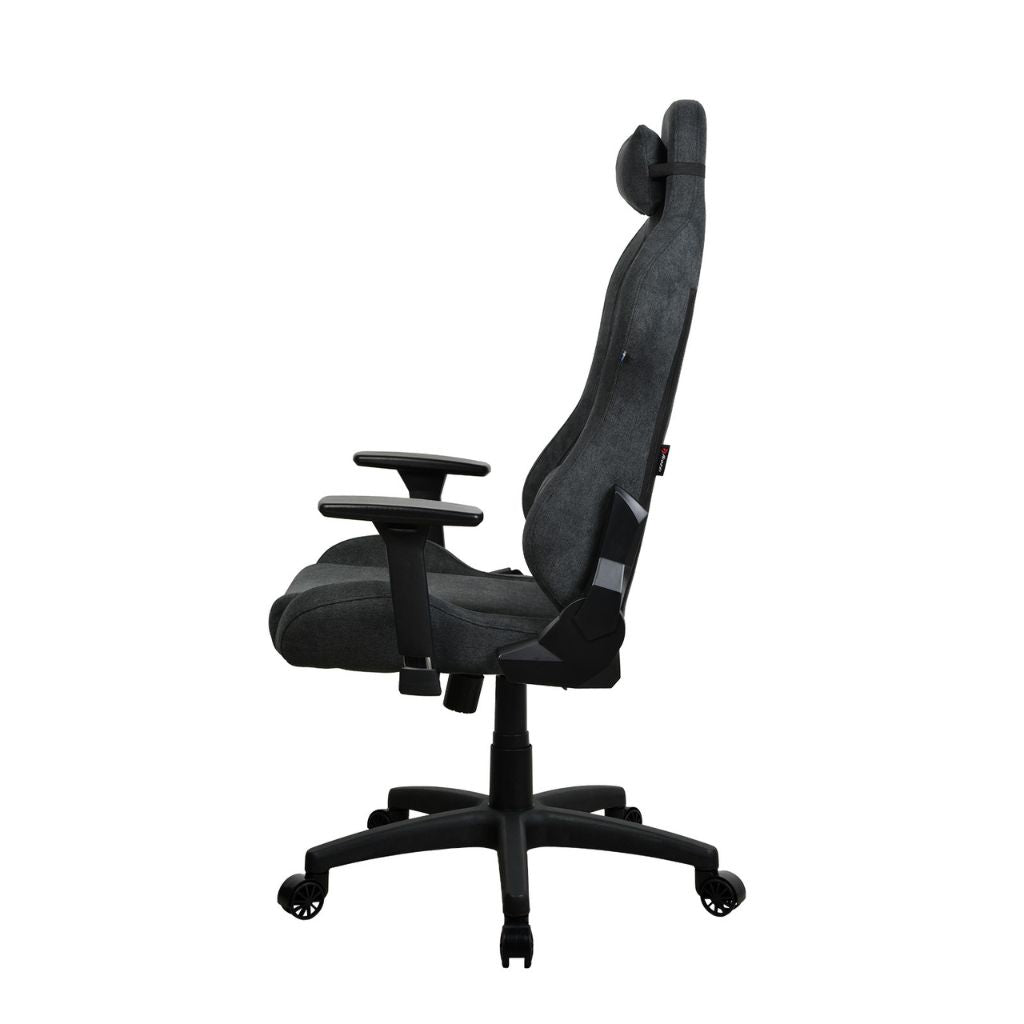 Black office chair with adjustable armrests on a white background
