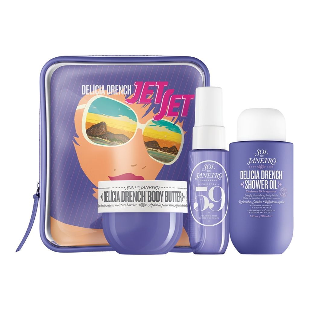 Delica Drench Jet Set travel-sized skincare product set with a purple case featuring a face design.
