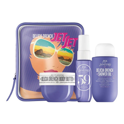 Delica Drench Jet Set travel-sized skincare product set with a purple case featuring a face design.