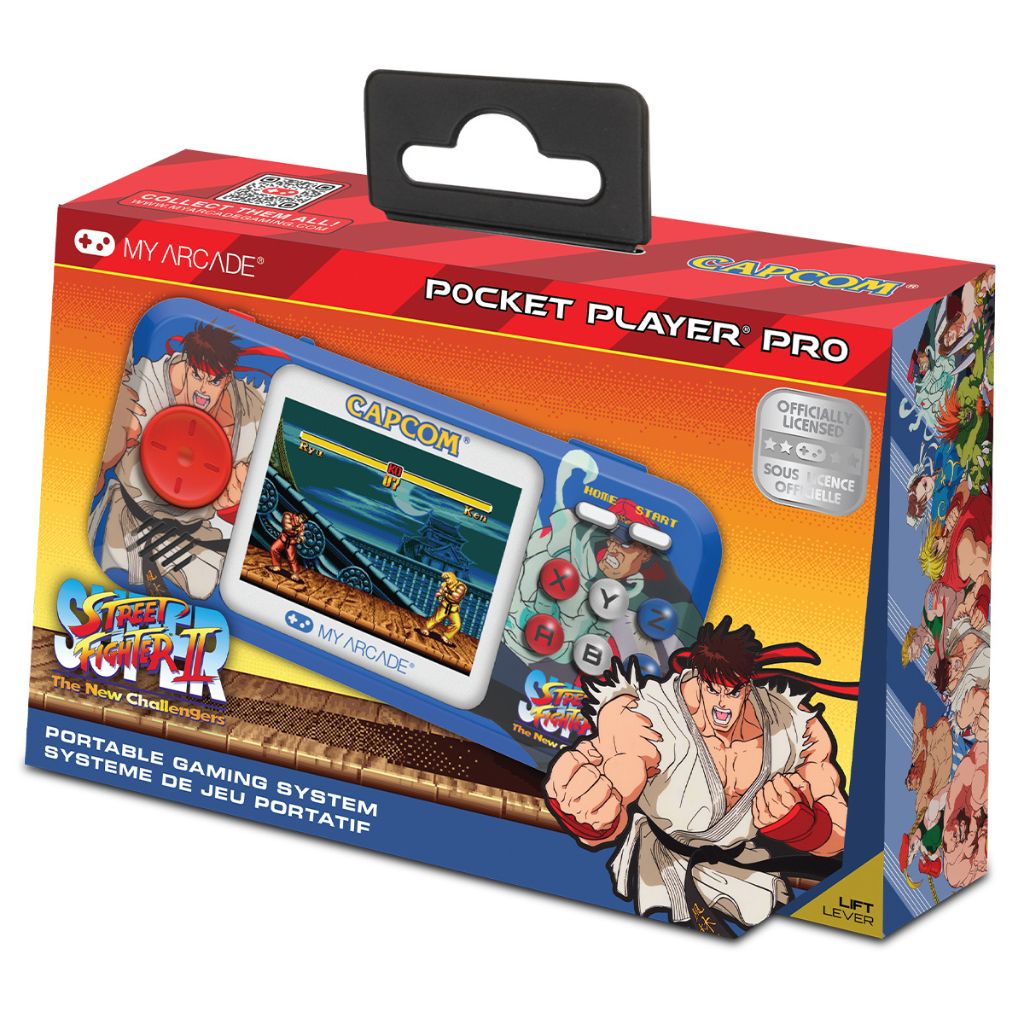 Packaging of a 'Pocket Player Pro' gaming system with Street Fighter graphics on a white background