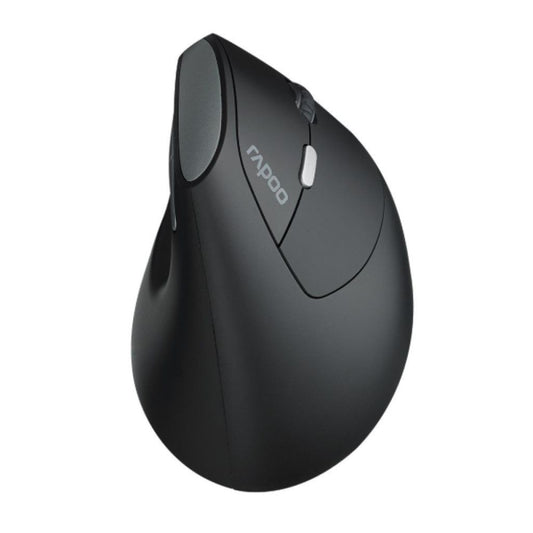 Black ergonomic mouse with 'Rapoo' branding on a white background