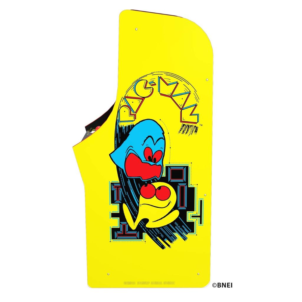 Yellow arcade machine cabinet with cartoon character design on a white background