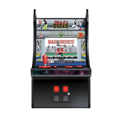 Mini arcade machine with 'Bad Dudes' game on a white background