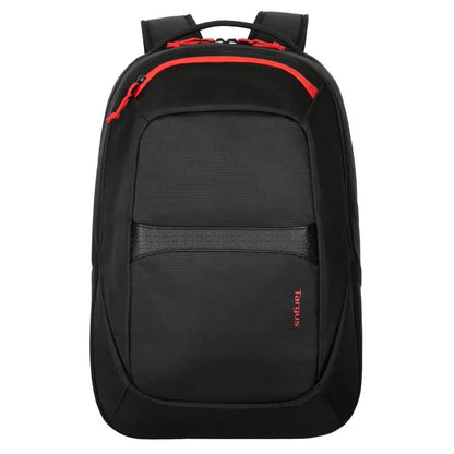 Black backpack with red accents on a white background
