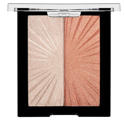 Makeup palette with two shades of blush in a black case on a white background