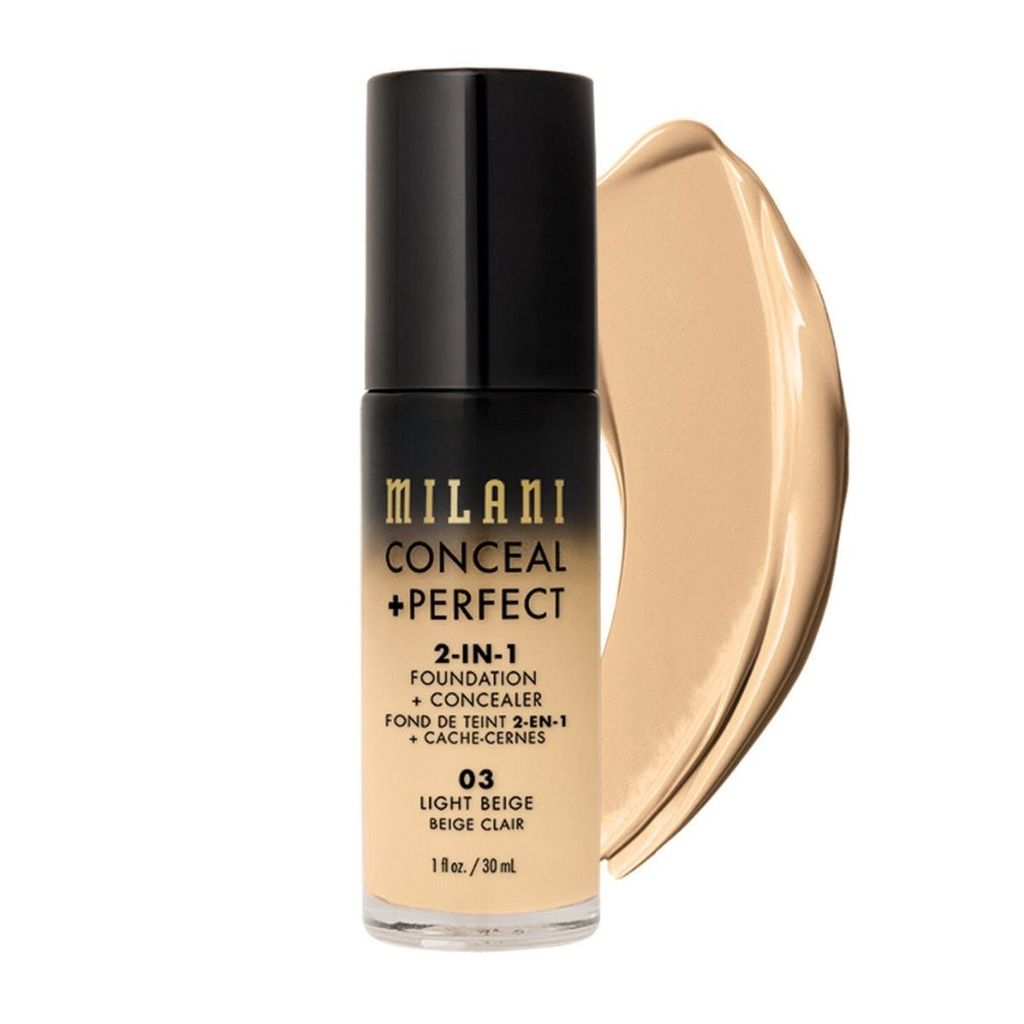 Milani Conceal + Perfect 2-in-1 foundation bottle with a swatch on a white background