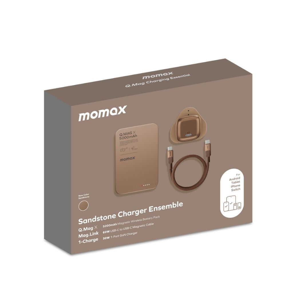Momax 1-Charge GaN 30W Charger + 60W USB-C Magnetic Cable (1M) + 5000mAh Magnetic Wireless Power Bank Combo