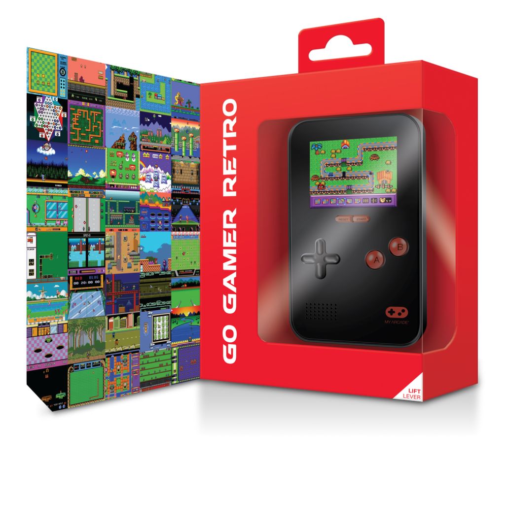 Red packaging of a retro handheld gaming console with pixelated game screens on the side.