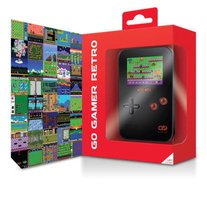 Red packaging of a retro handheld gaming console with pixelated game screens on the side.