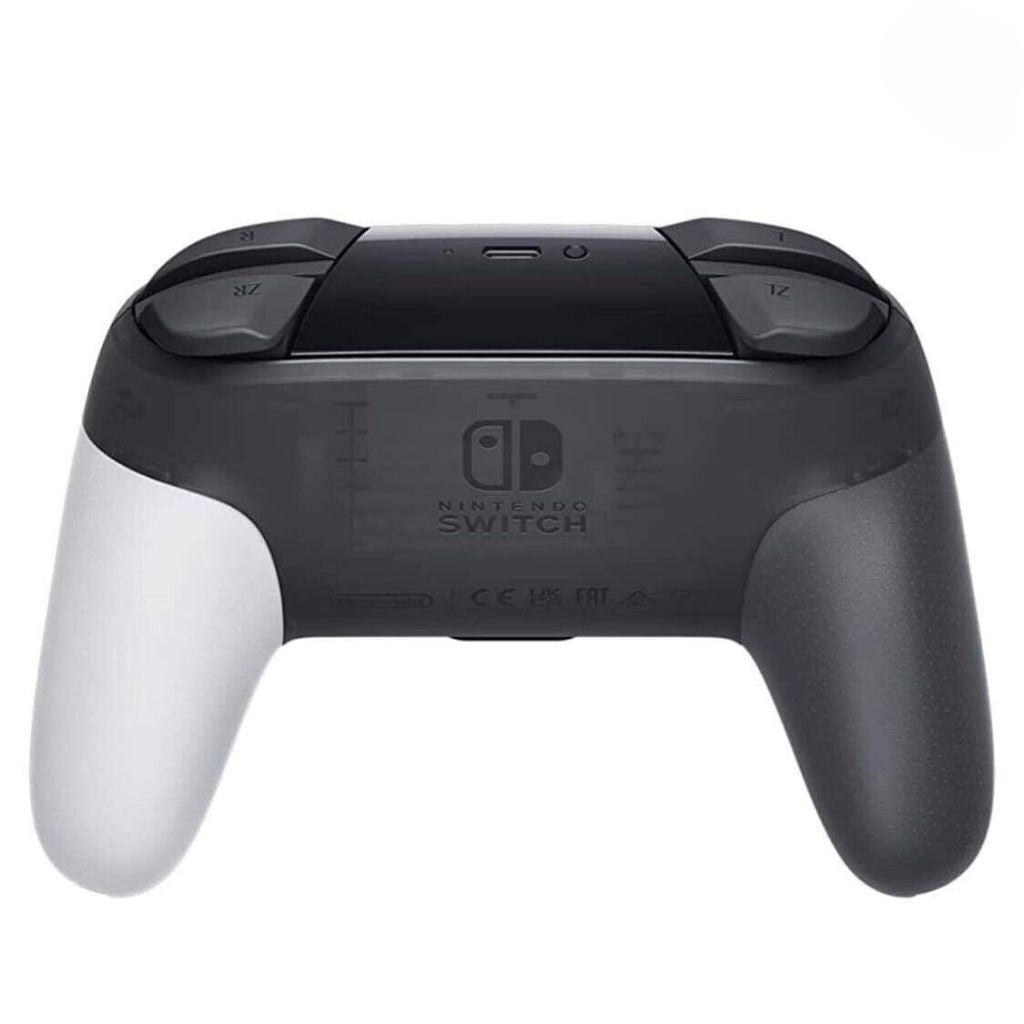 Black and gray gaming controller with Nintendo Switch logo on a white background