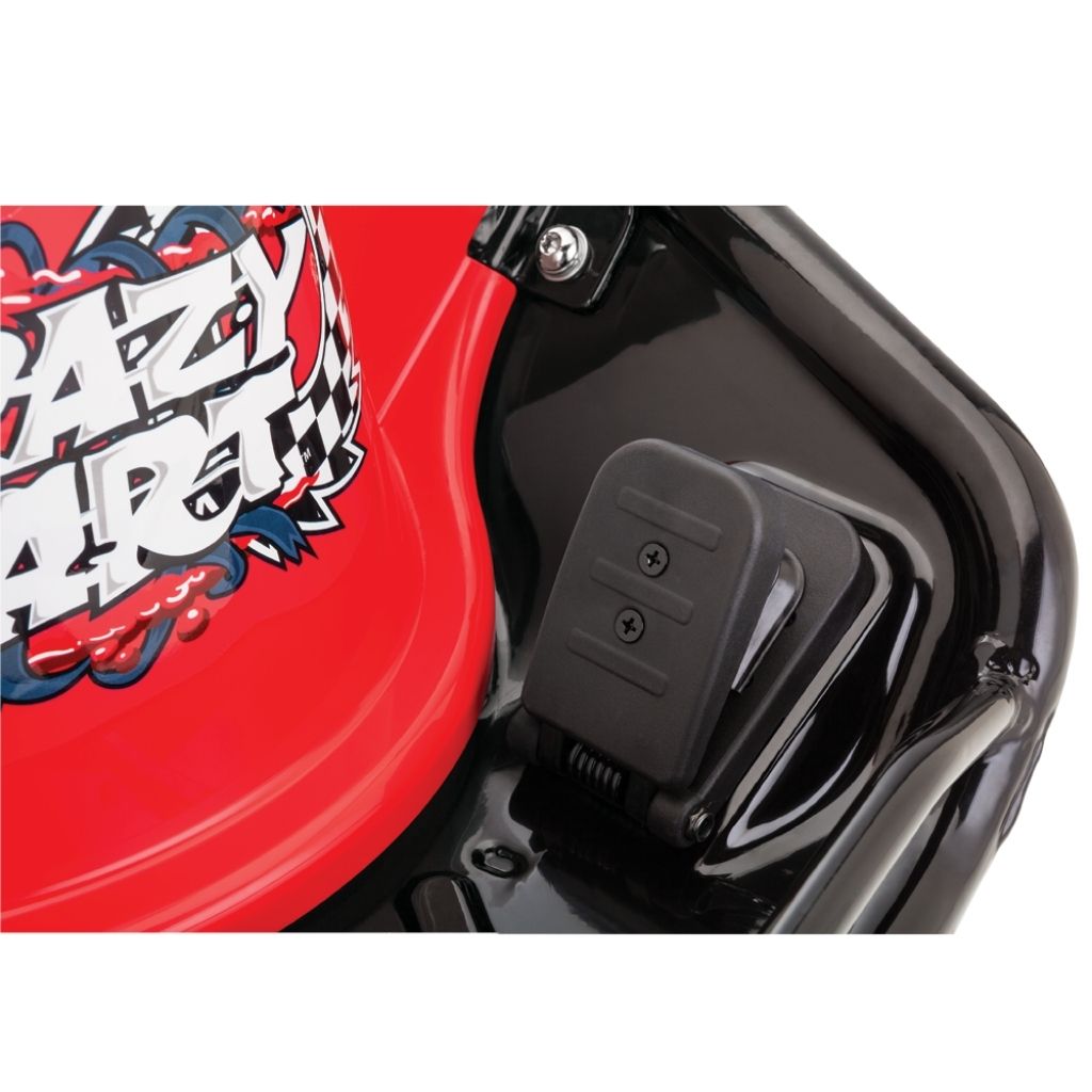 Close-up of a red and black motorcycle with 'razy dirt' branding on a white background