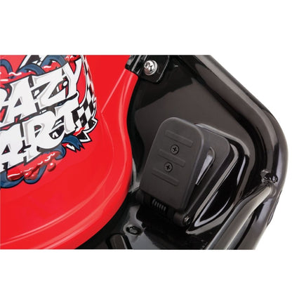 Close-up of a red and black motorcycle with 'razy dirt' branding on a white background