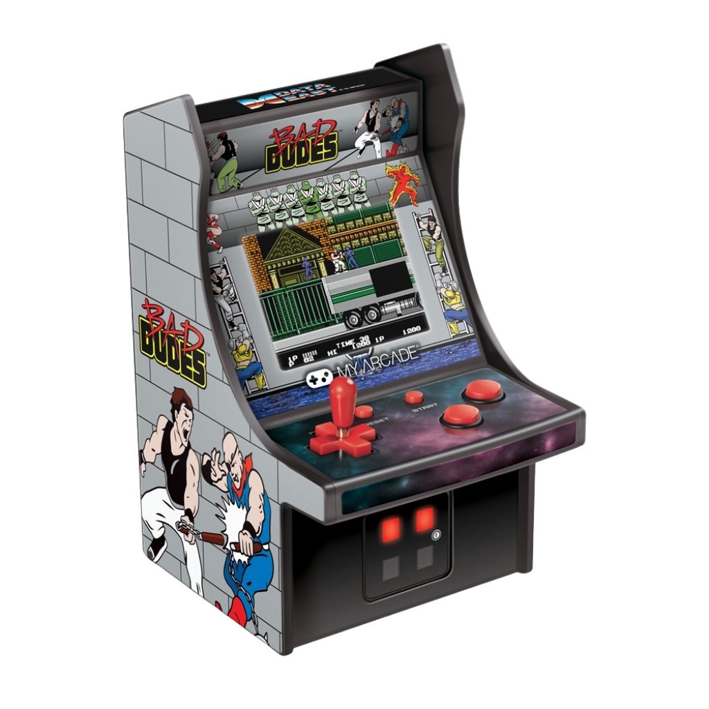 Miniature arcade machine with 'Bad Dudes' graphics on a white background